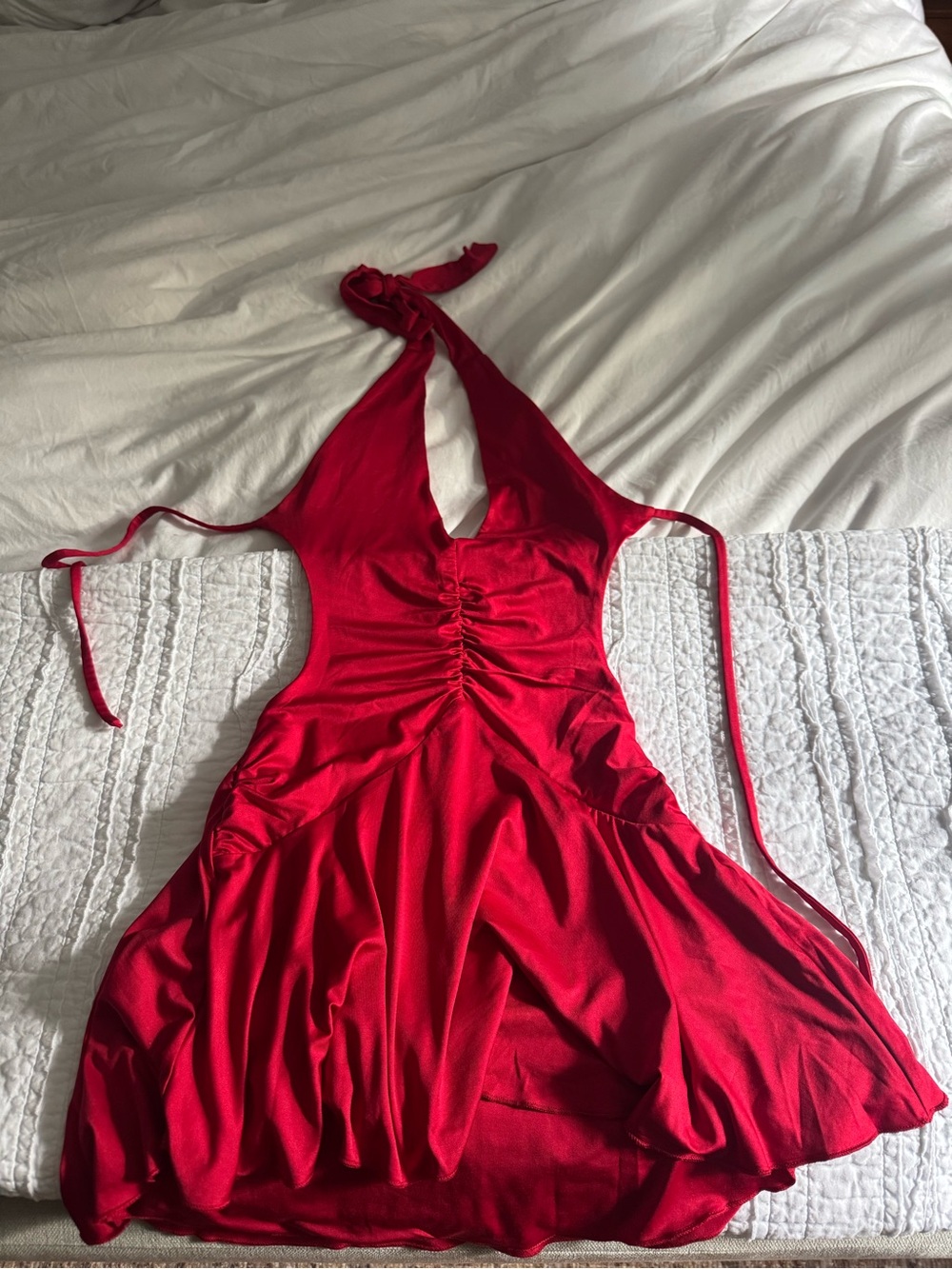 Red Halter Ruched Mini Dress